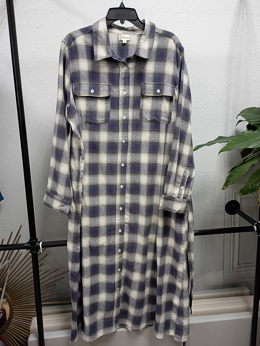 Plaid Button-Front Long Sleeve Dress - Blue & Cream